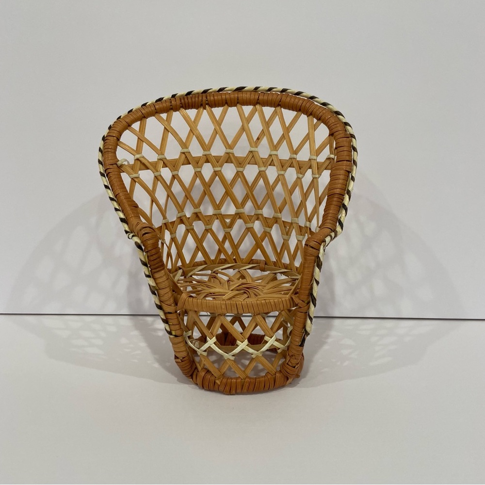 Vintage Mini Wicker Plant Chair Stand Boho Rattan Doll Display Decor